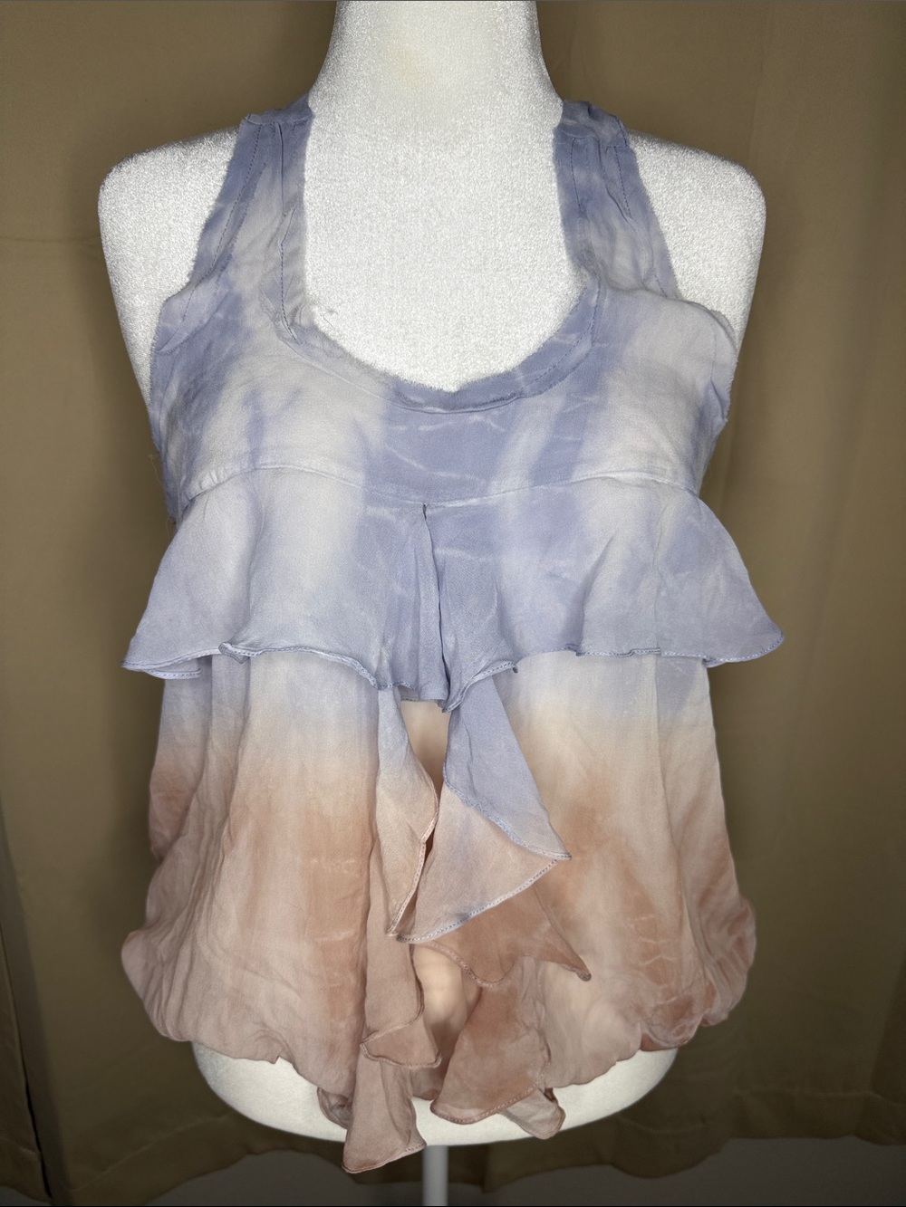 100% silk Blue and Beige Tie-Dye Ruffled Sleeveless Top